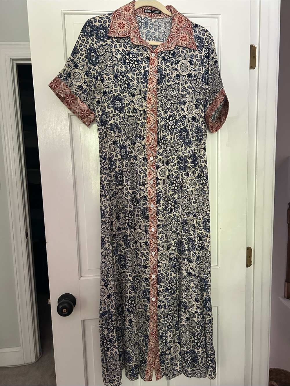 SHEIN Navy and Cream Printed Maxi Dress with Rust Trim